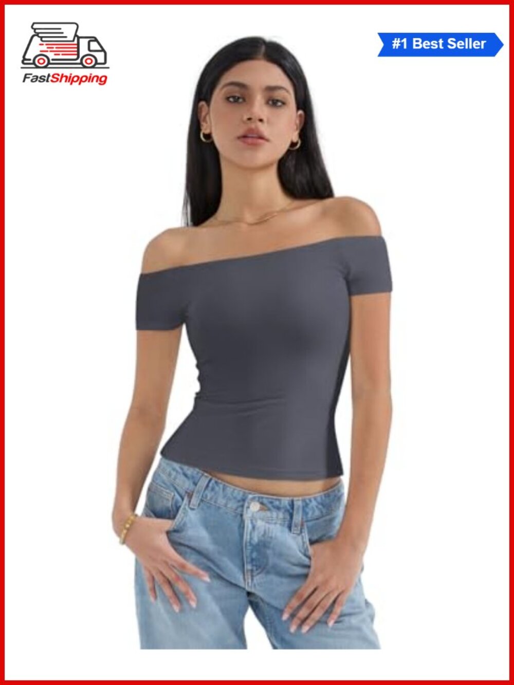 Off The Shoulder Fitted Short Sleeve T-Shirt Buttery Soft Stretch Going Out Top